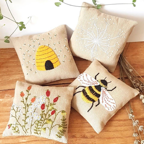 Craft Kit - Linen Lavender Bags Embroidery Kit - Bees
